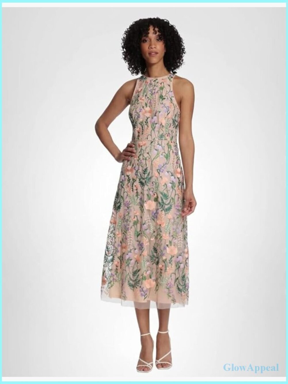 Floral Embroidered Halter Neck Midi Dress Back V-Neck Sleeveless